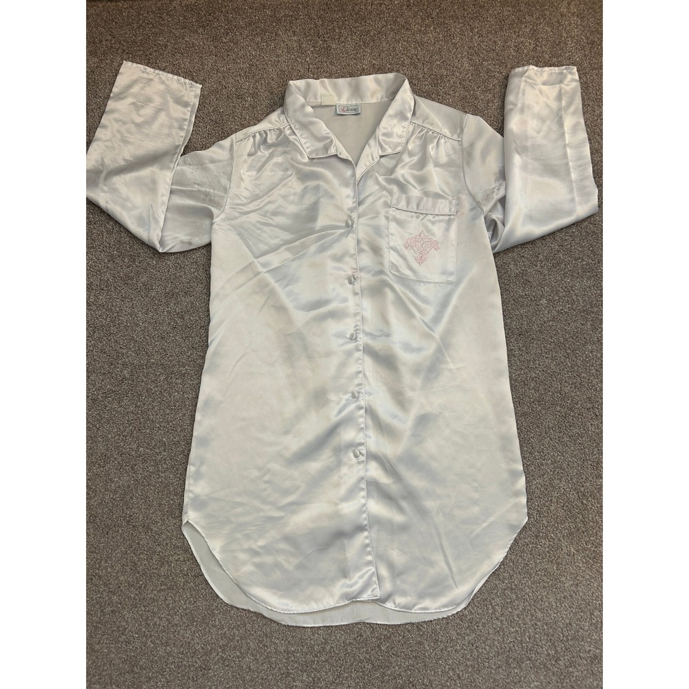 Etienne Nightshirt Women Small Silver Satin Good Vintage Embroidered Sleepwear